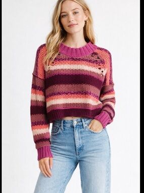 Free People Devon Stripe Crop Sweater Fuchsia Pink Chunky Knit, XS